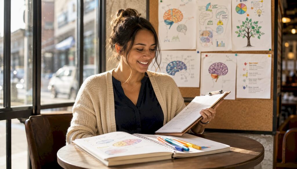 Teacher preparing lesson in bright classroom