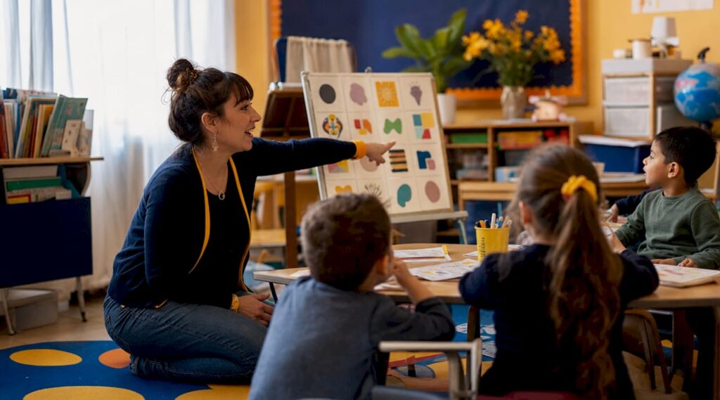 Teacher leading morning routine in elementary classroom