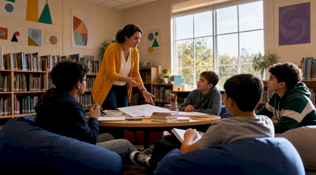 K-12 teacher conducting hybrid classroom session