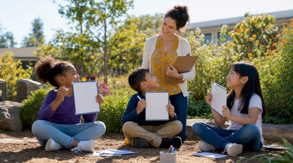 Teacher observing students with mini whiteboards