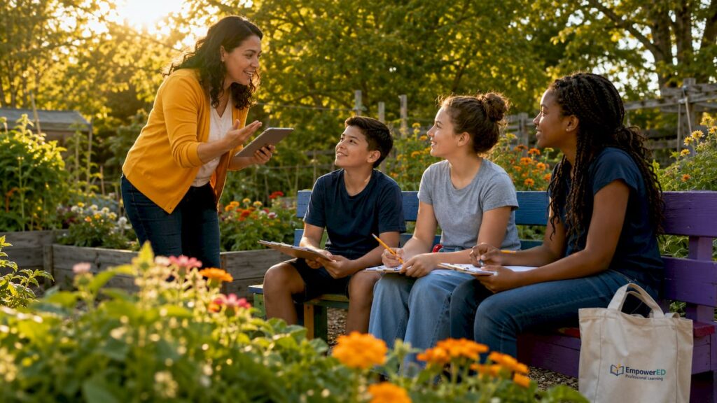 Teacher engaging diverse students in classroom