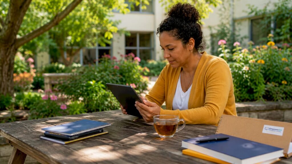 Teacher reviewing student data on tablet in library