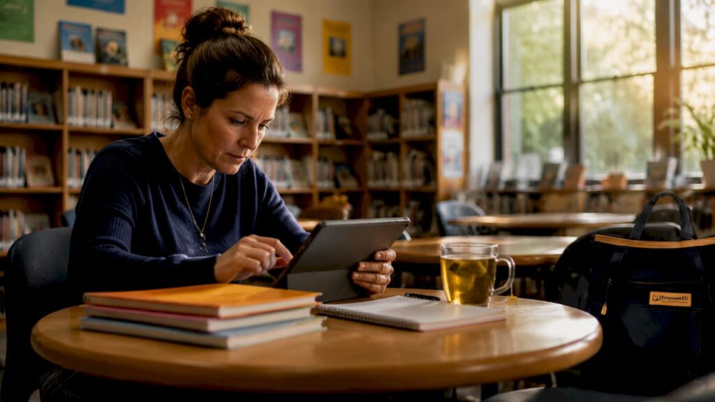 Teacher using tablet for AI learning analytics