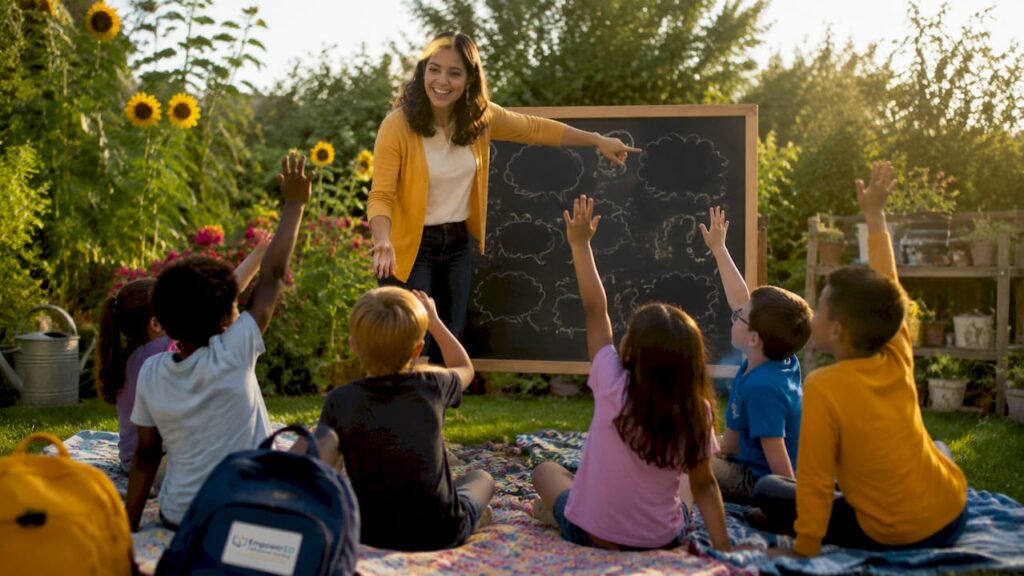 Teacher engaging K-12 students in questioning