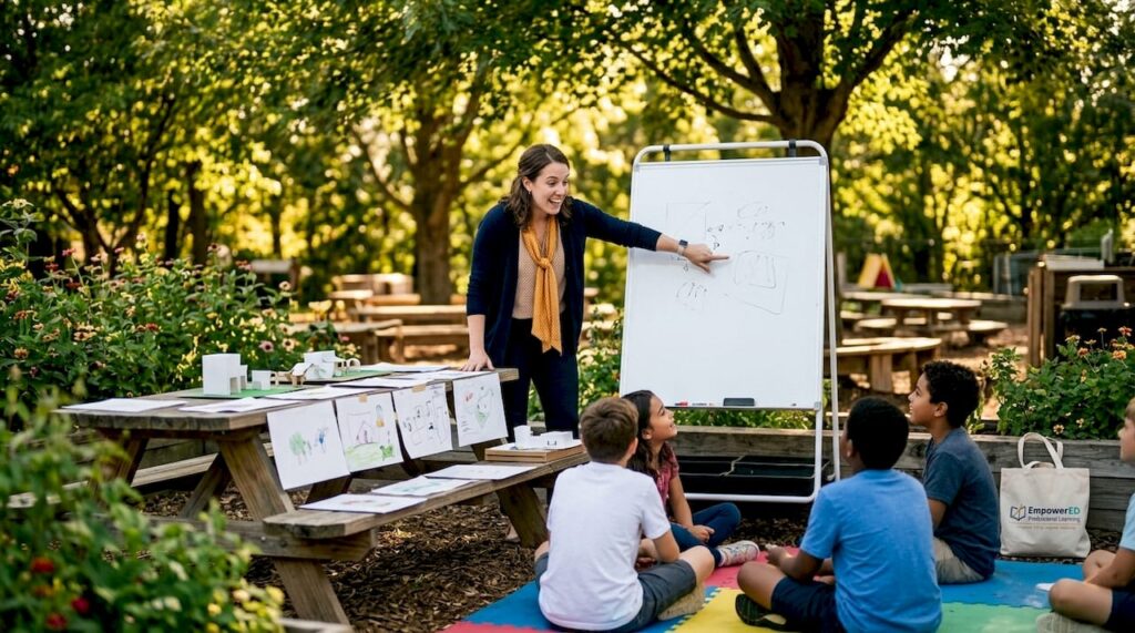 Teacher instructing hybrid classroom with in-person and online students