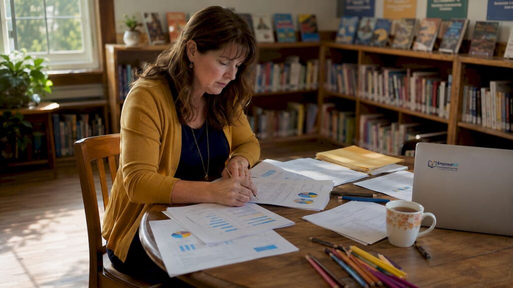 School leader reviewing evaluation reports