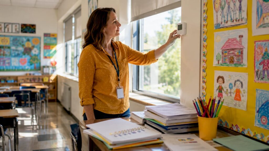 Teacher managing classroom energy controls