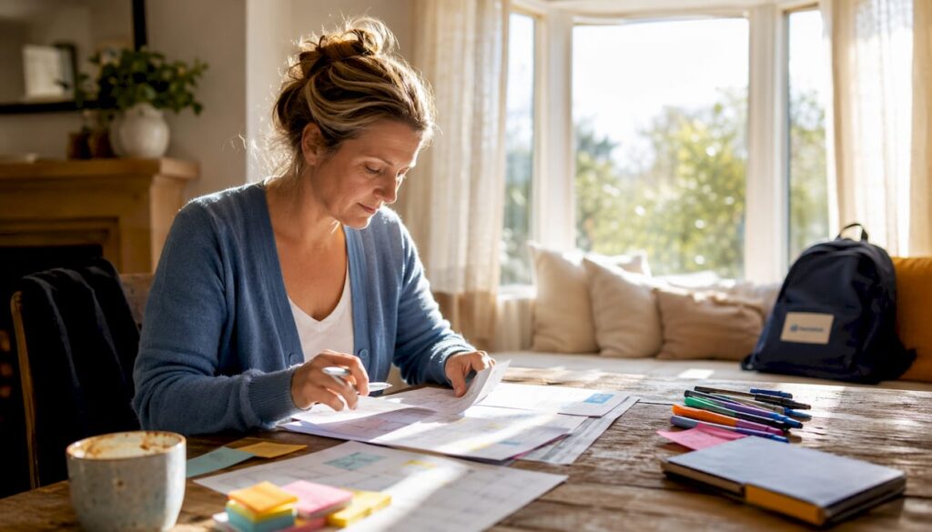 Teacher planning hybrid workload at home desk