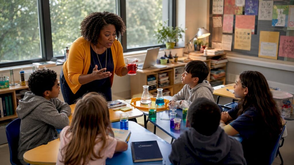 Teacher engaging students in classroom activity