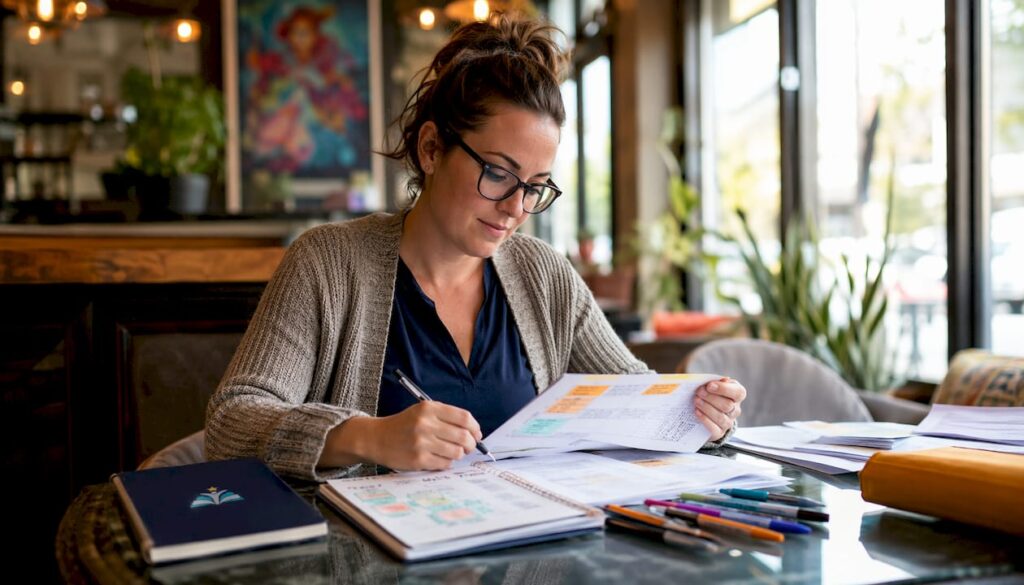 Educator organizing executive function lesson materials
