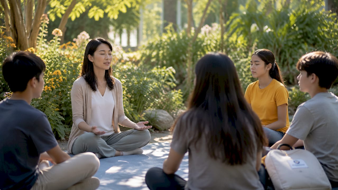 Educator leading mindfulness in classroom