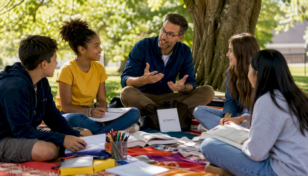 Teacher building rapport with students in reading corner