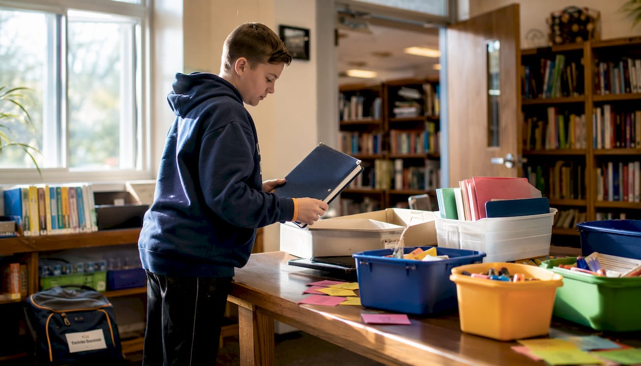 Hands organizing classroom supplies