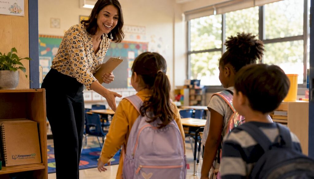 Teacher greeting students in classroom