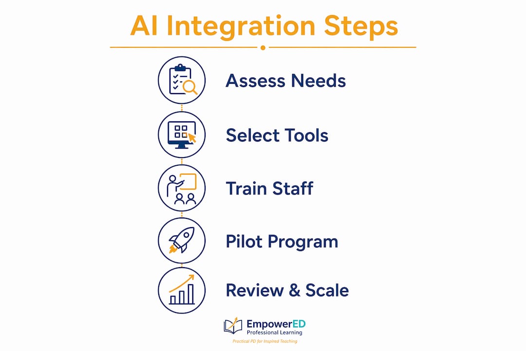 Infographic showing AI education implementation steps